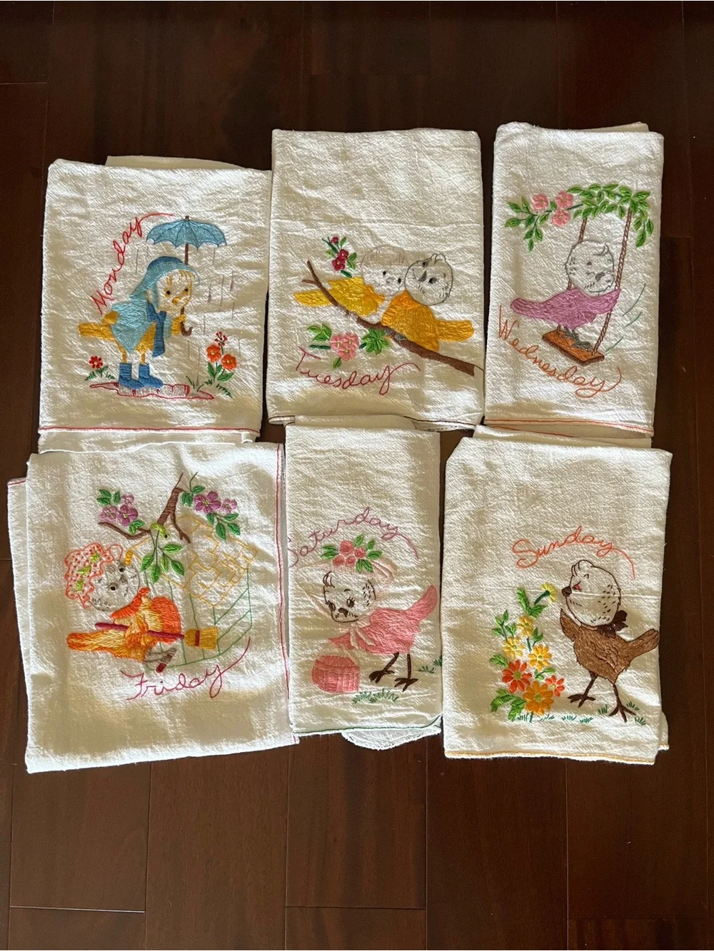 Bird Days of the Week Flour Sack Towels Embroidered Vintage